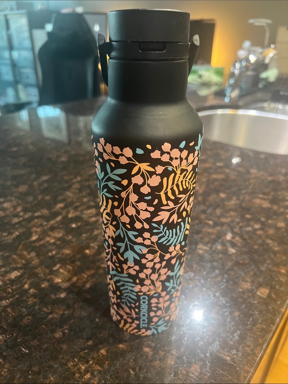 Corkcicle Black Bottle with Pink & Teal Floral Design
